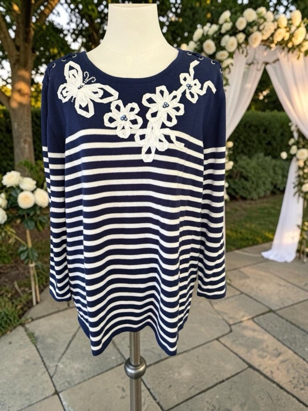 Alfred Dunner Floral Navy/White Stripe Light Weight Sweater-Sz. Large-NWT